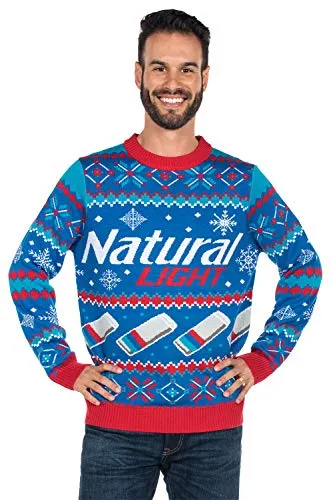 Tipsy Elves Men's Natural Light Ugly Christmas Sweater - Natty Light Xmas Sweater: X-Large Blue