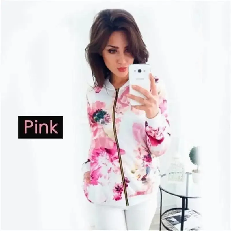 Unique Nature Design Women's jackets Floral Printed Ladies Zipper Up Bomber Outwear Spring Long Sleeve Short Thin Slim Casual Pocket Biker Coats