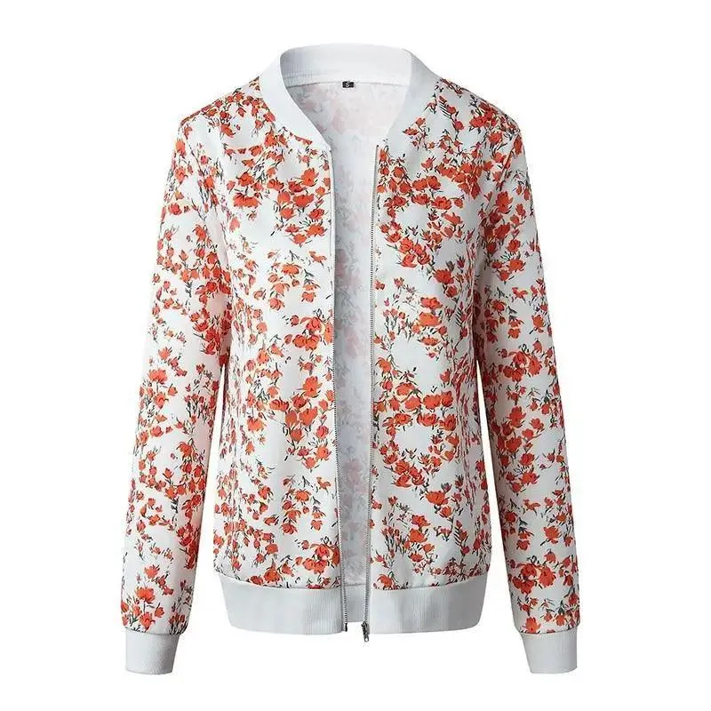 Unique Nature Design Women's jackets Floral Printed Ladies Zipper Up Bomber Outwear Spring Long Sleeve Short Thin Slim Casual Pocket Biker Coats