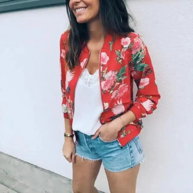 Unique Nature Design Women's jackets Floral Printed Ladies Zipper Up Bomber Outwear Spring Long Sleeve Short Thin Slim Casual Pocket Biker Coats
