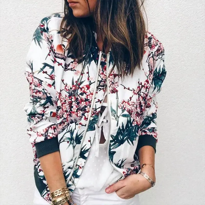 Unique Nature Design Women's jackets Floral Printed Ladies Zipper Up Bomber Outwear Spring Long Sleeve Short Thin Slim Casual Pocket Biker Coats