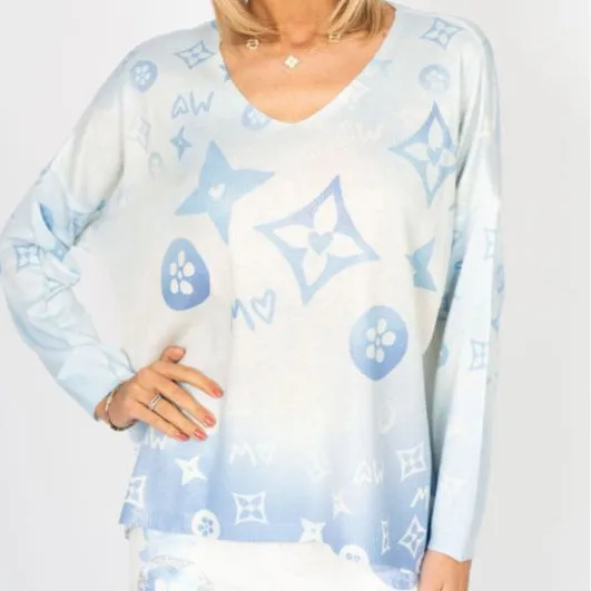 V-Neck Shimmery Print Top - Wht/Lt. Blue