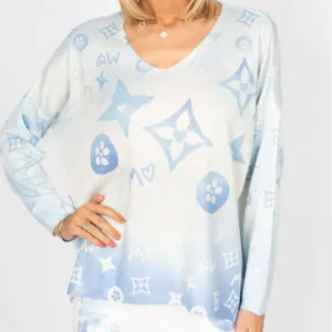 V-Neck Shimmery Print Top - Wht/Lt. Blue
