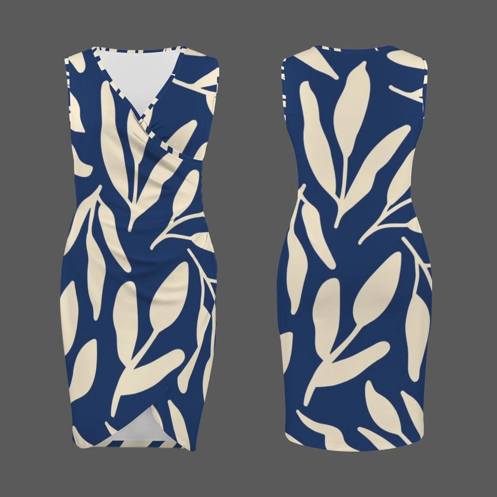 V Neck Sleeveless Faux Wrap Ruched Bodycon Dress