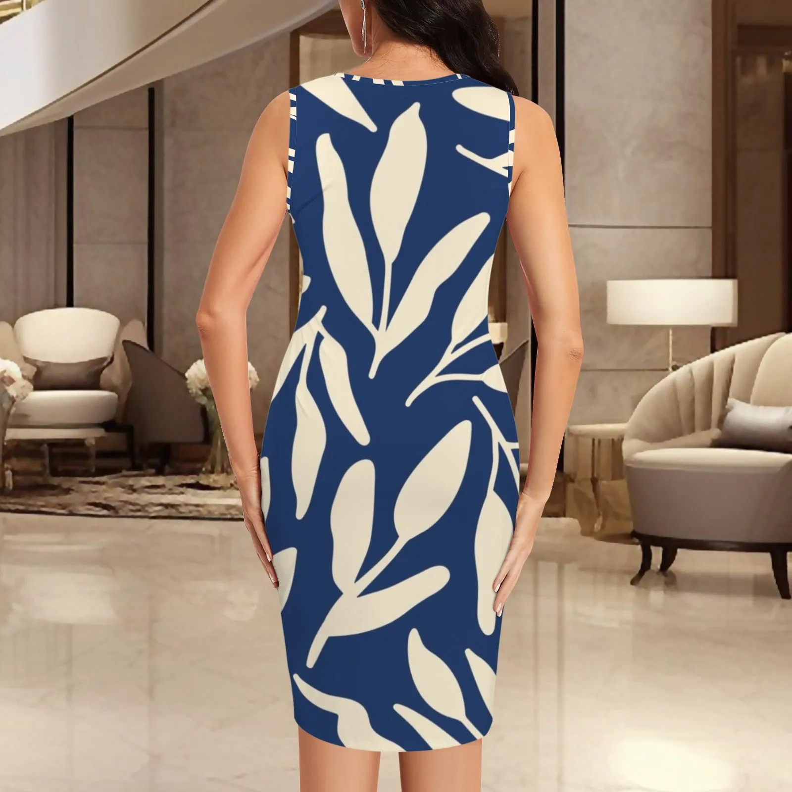 V Neck Sleeveless Faux Wrap Ruched Bodycon Dress