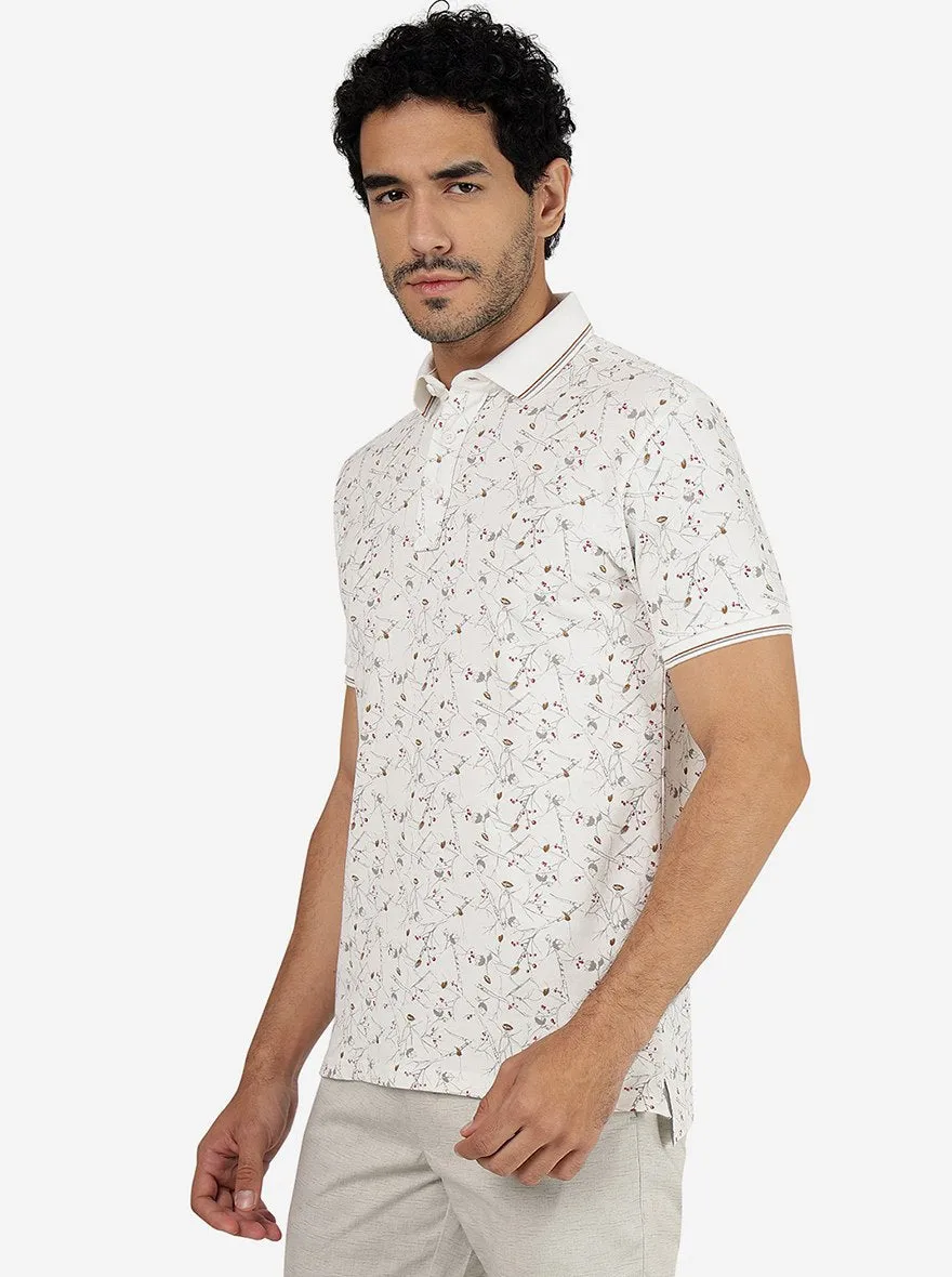 White Printed Slim Fit Polo T-Shirt | JadeBlue