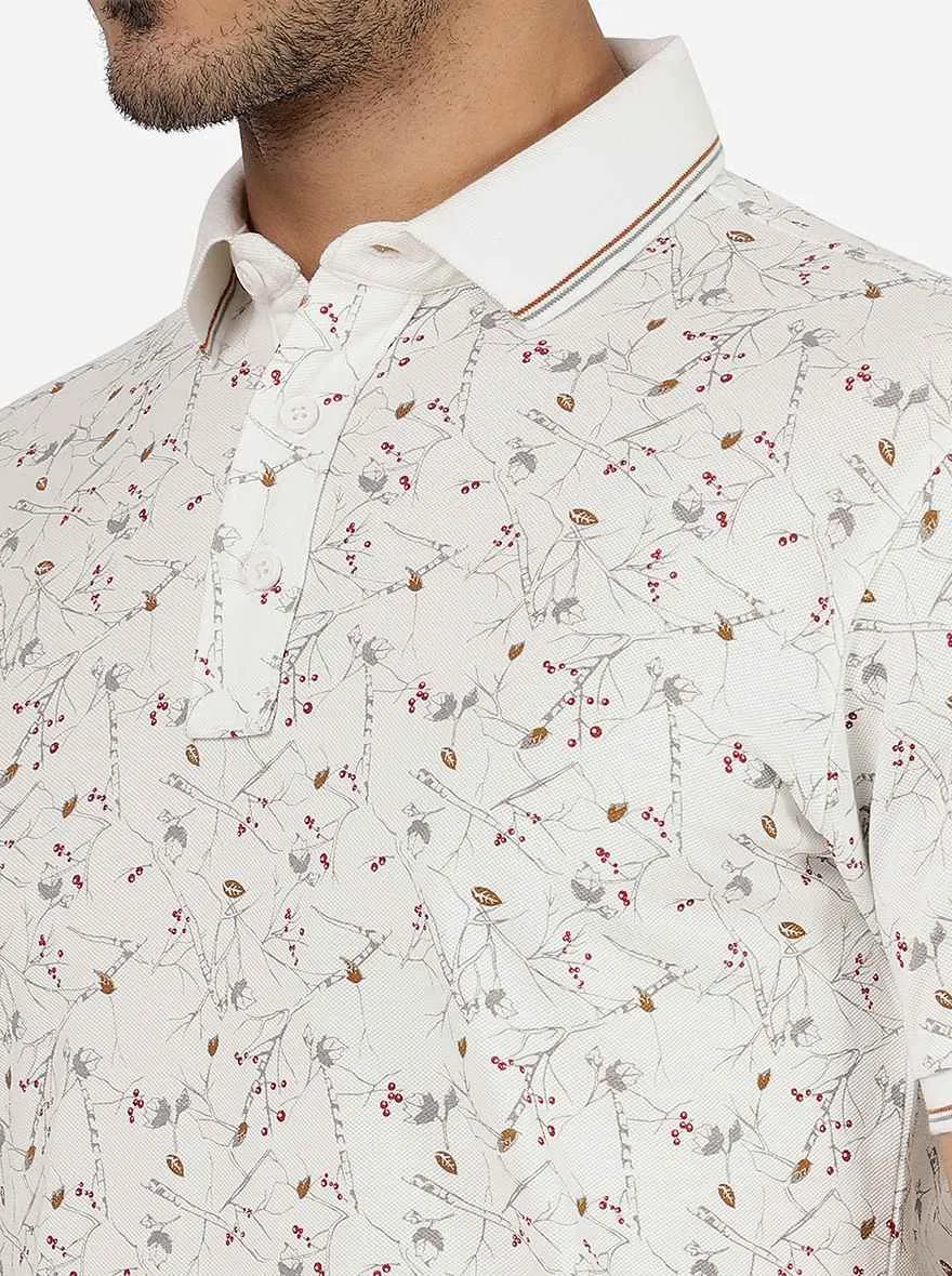 White Printed Slim Fit Polo T-Shirt | JadeBlue