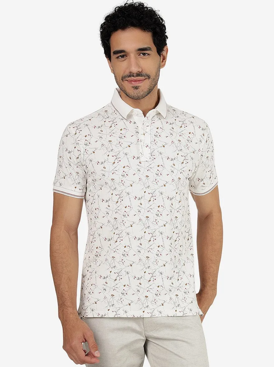 White Printed Slim Fit Polo T-Shirt | JadeBlue