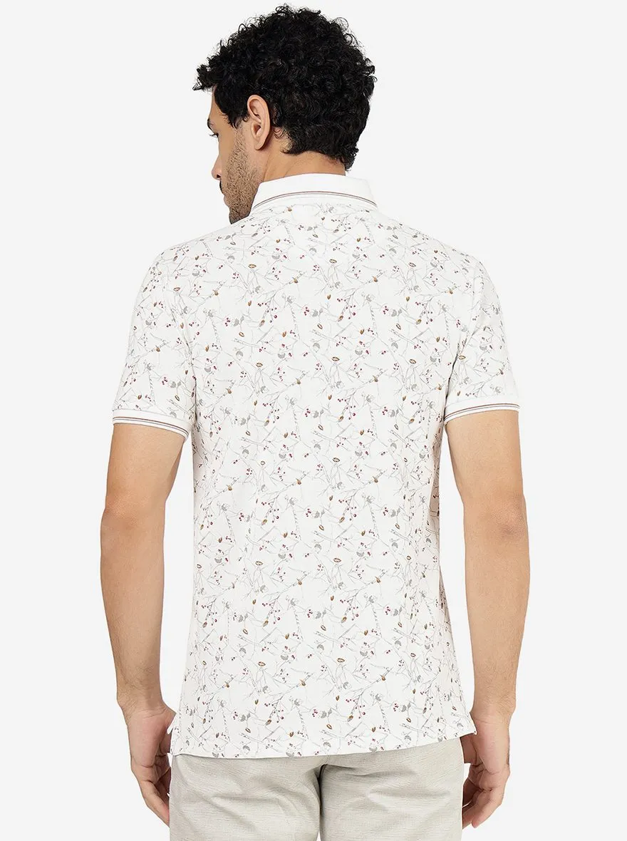 White Printed Slim Fit Polo T-Shirt | JadeBlue