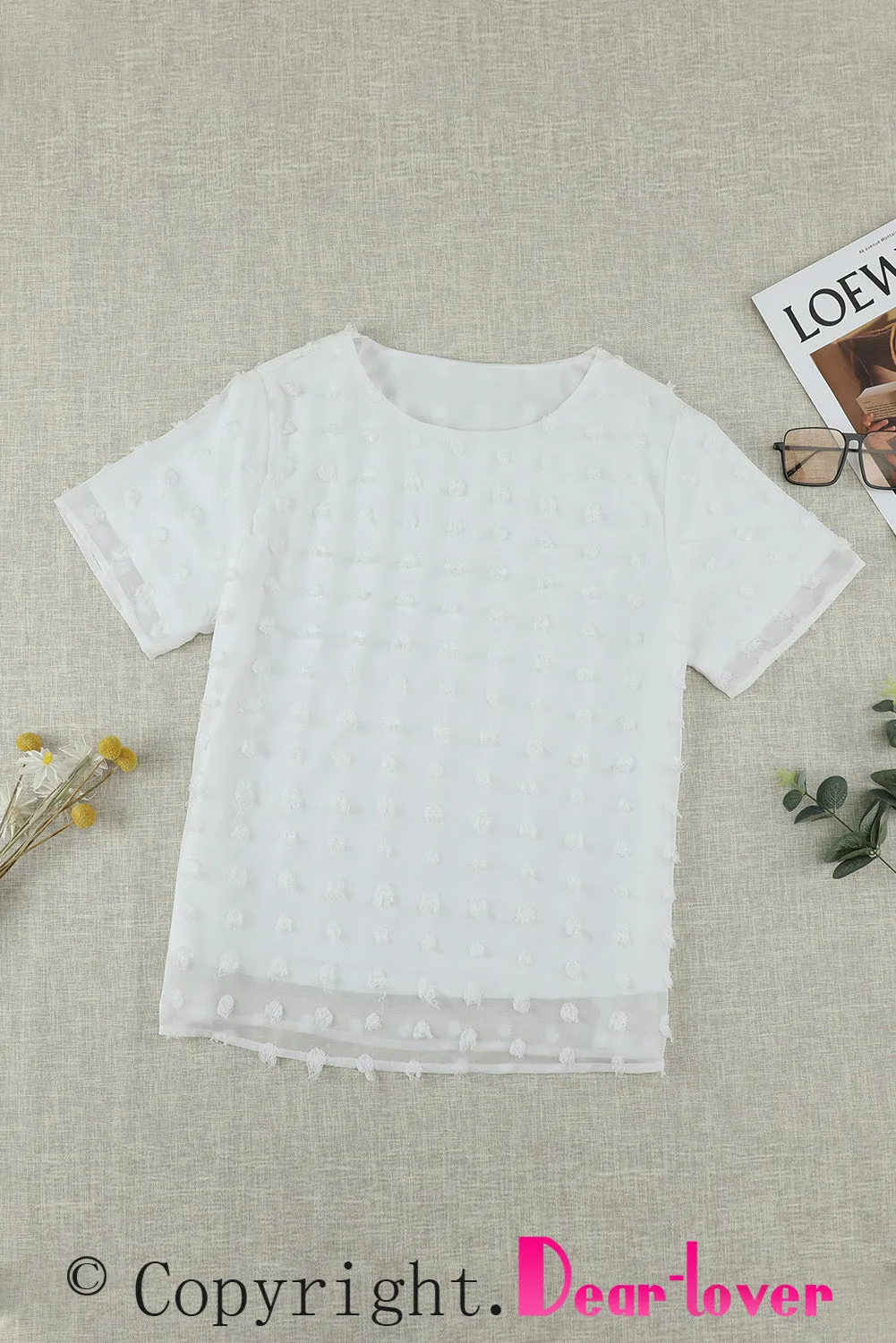White Swiss Dot Texture Short Sleeve Top