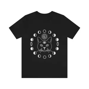 Witch Black Tee, Cat with Third Eye, Moon Phases and Crystals. Witch Shirt, Unisex Short Sleeve Tee, Womens T-Shirt, Clothing Clothes