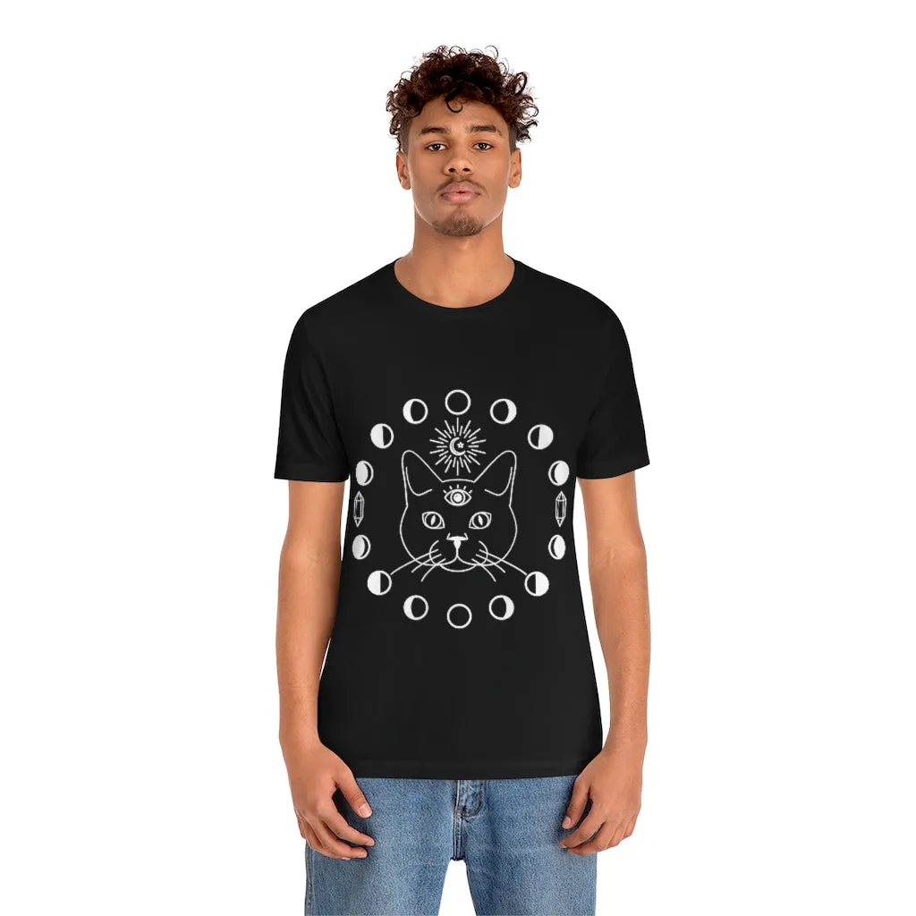 Witch Black Tee, Cat with Third Eye, Moon Phases and Crystals. Witch Shirt, Unisex Short Sleeve Tee, Womens T-Shirt, Clothing Clothes