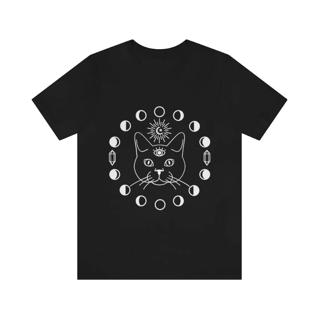 Witch Black Tee, Cat with Third Eye, Moon Phases and Crystals. Witch Shirt, Unisex Short Sleeve Tee, Womens T-Shirt, Clothing Clothes