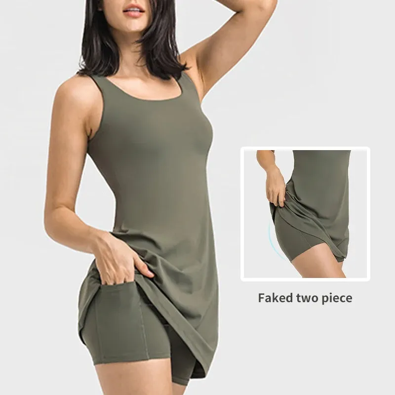Women Workout Running Tennis Wear Built in Bra and Short Pocket Slim Fit Outdoor Casual Sports Golf Athletic Dress tennis skirts