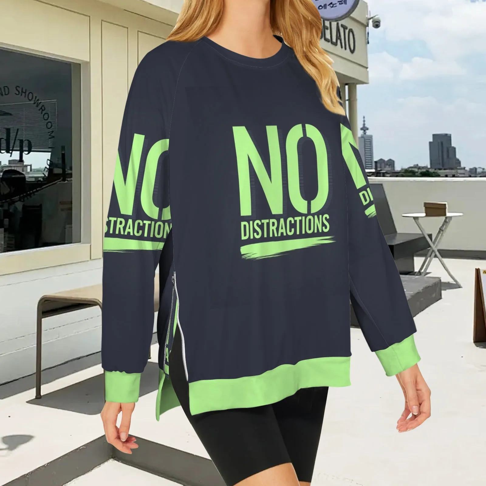 Women's Crew Neck Long Sleeve Side Zipper Sweatshirt