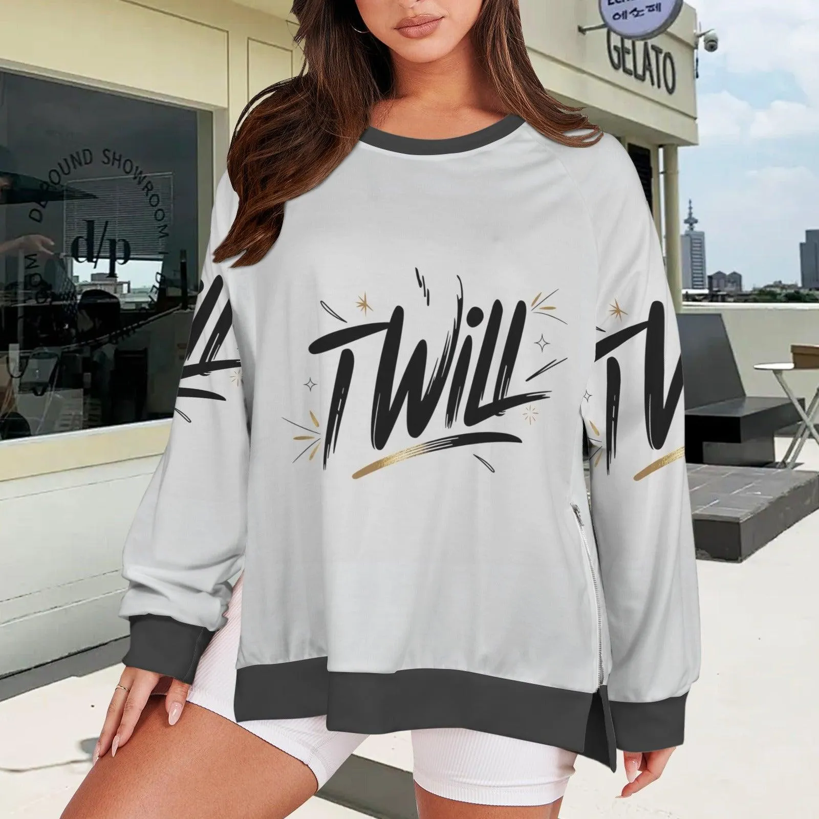 Women's Crew Neck Long Sleeve Side Zipper Sweatshirt