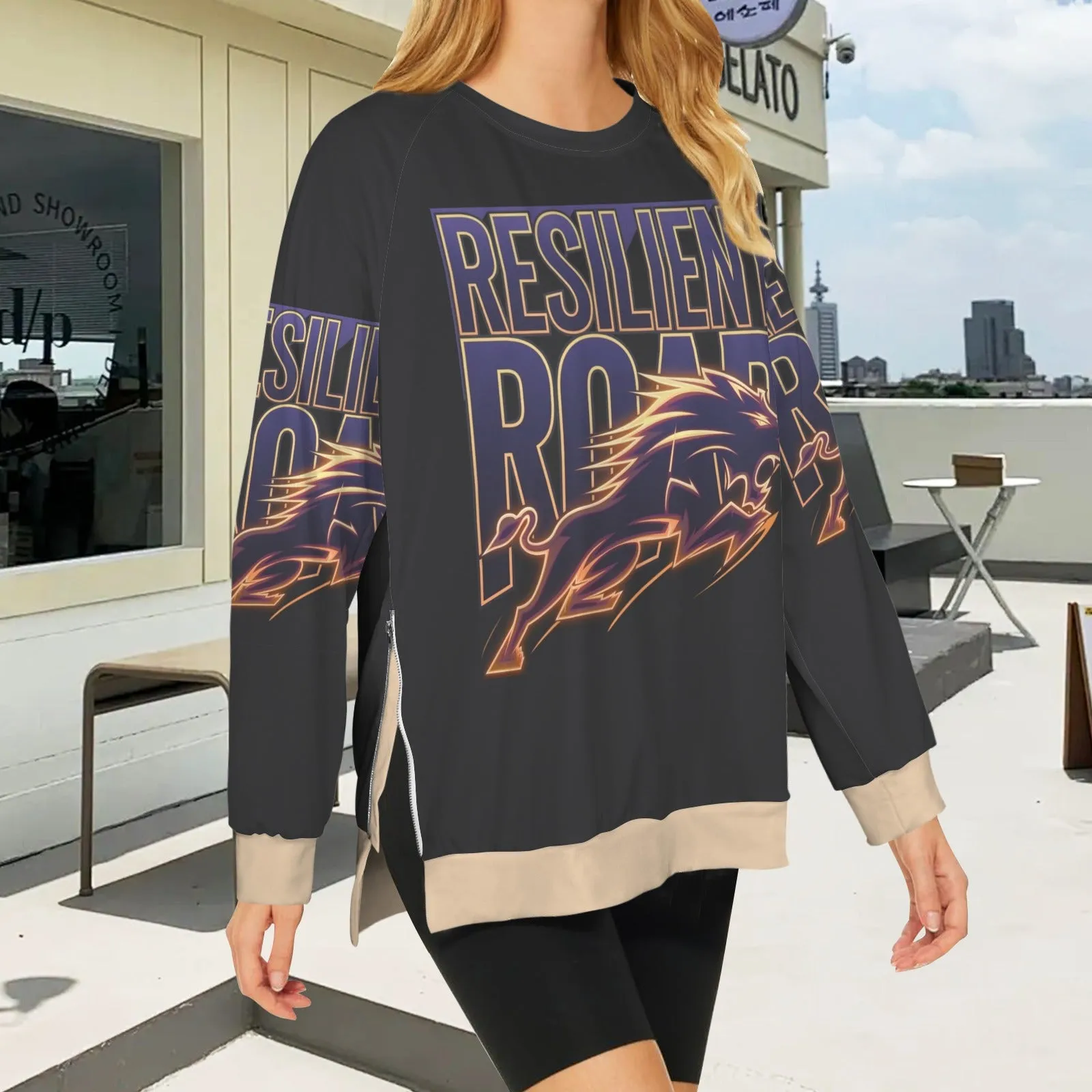 Women's Crew Neck Long Sleeve Side Zipper Sweatshirt
