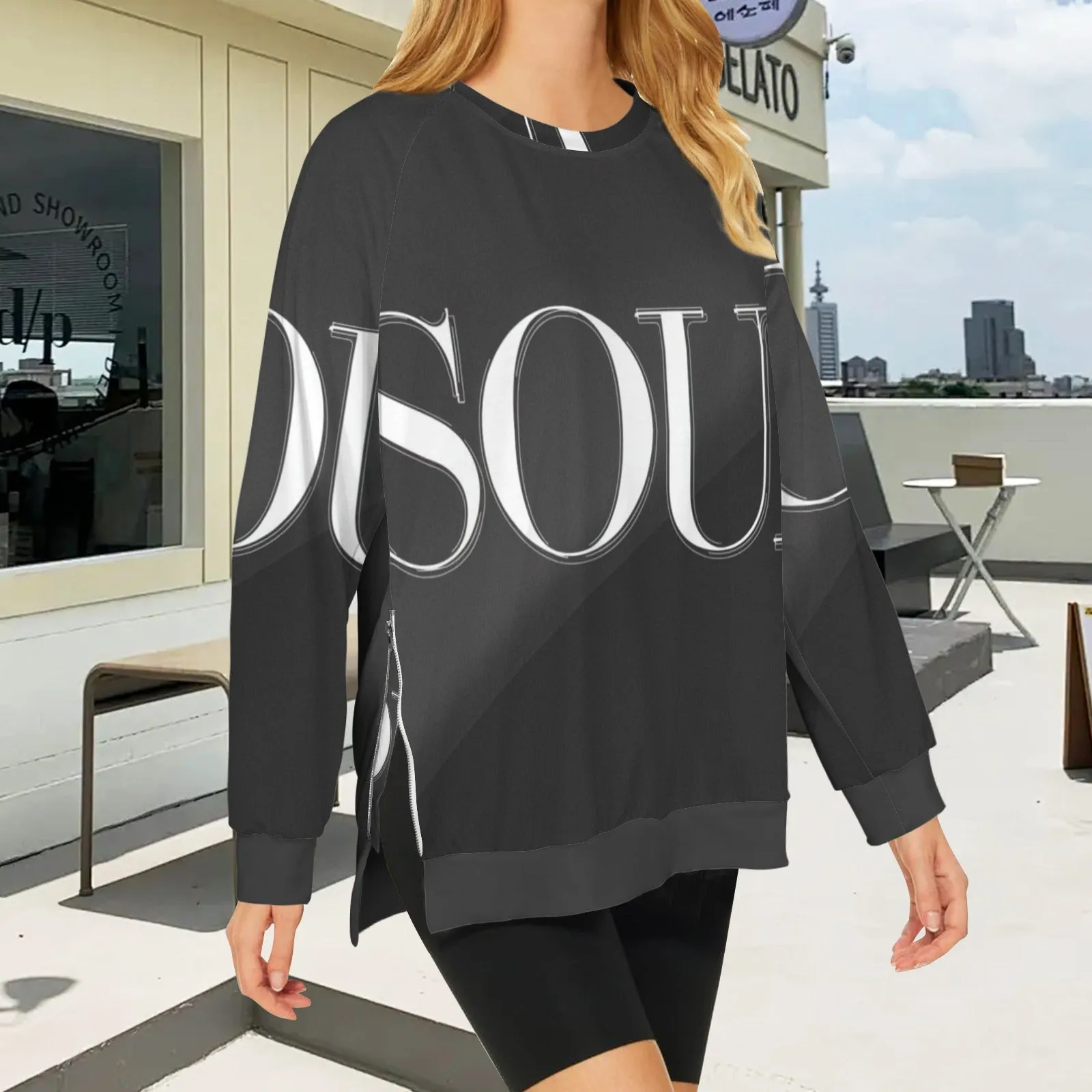 Women's Crew Neck Long Sleeve Side Zipper Sweatshirt