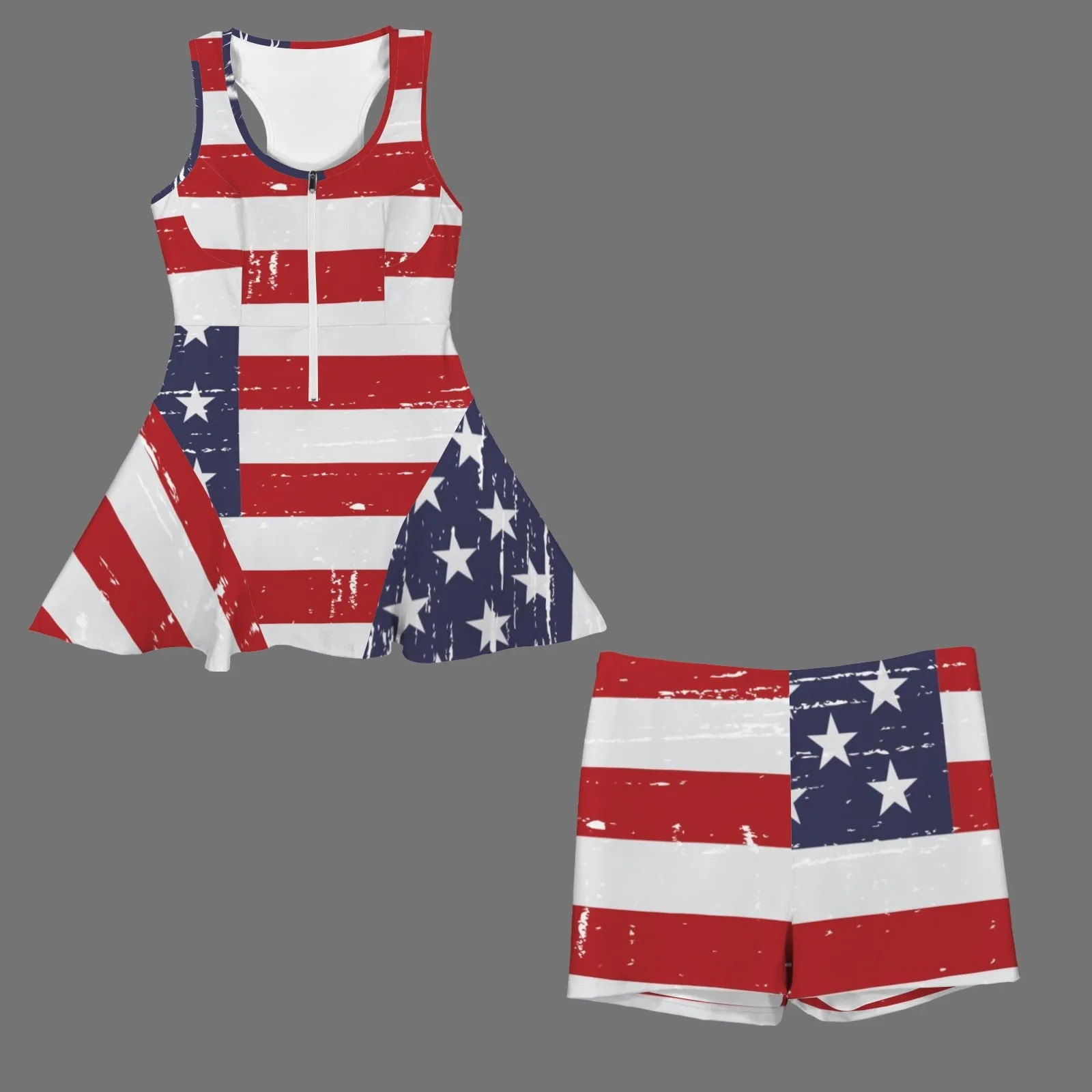 Women's Front Zip Racer Back Sports Skirt & Shorts Set
