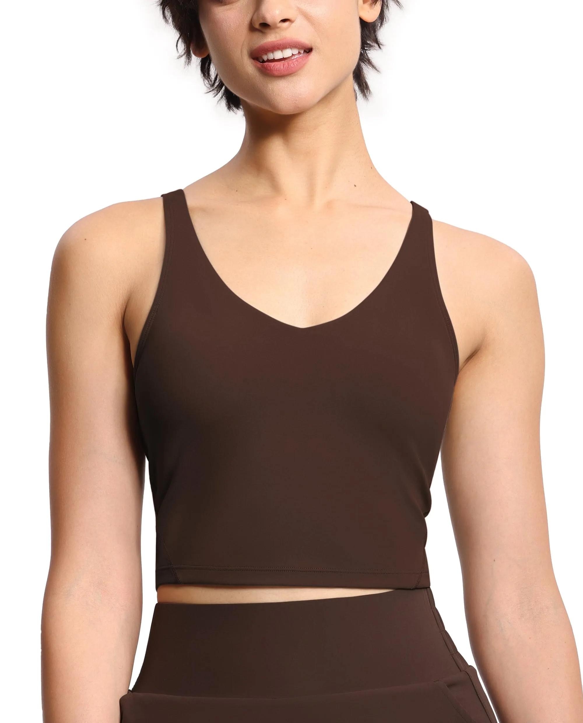 Women’s Longline Sports Bra Wirefree Padded Medium Support Yoga Bras Gym Running Workout Tank Tops Brown