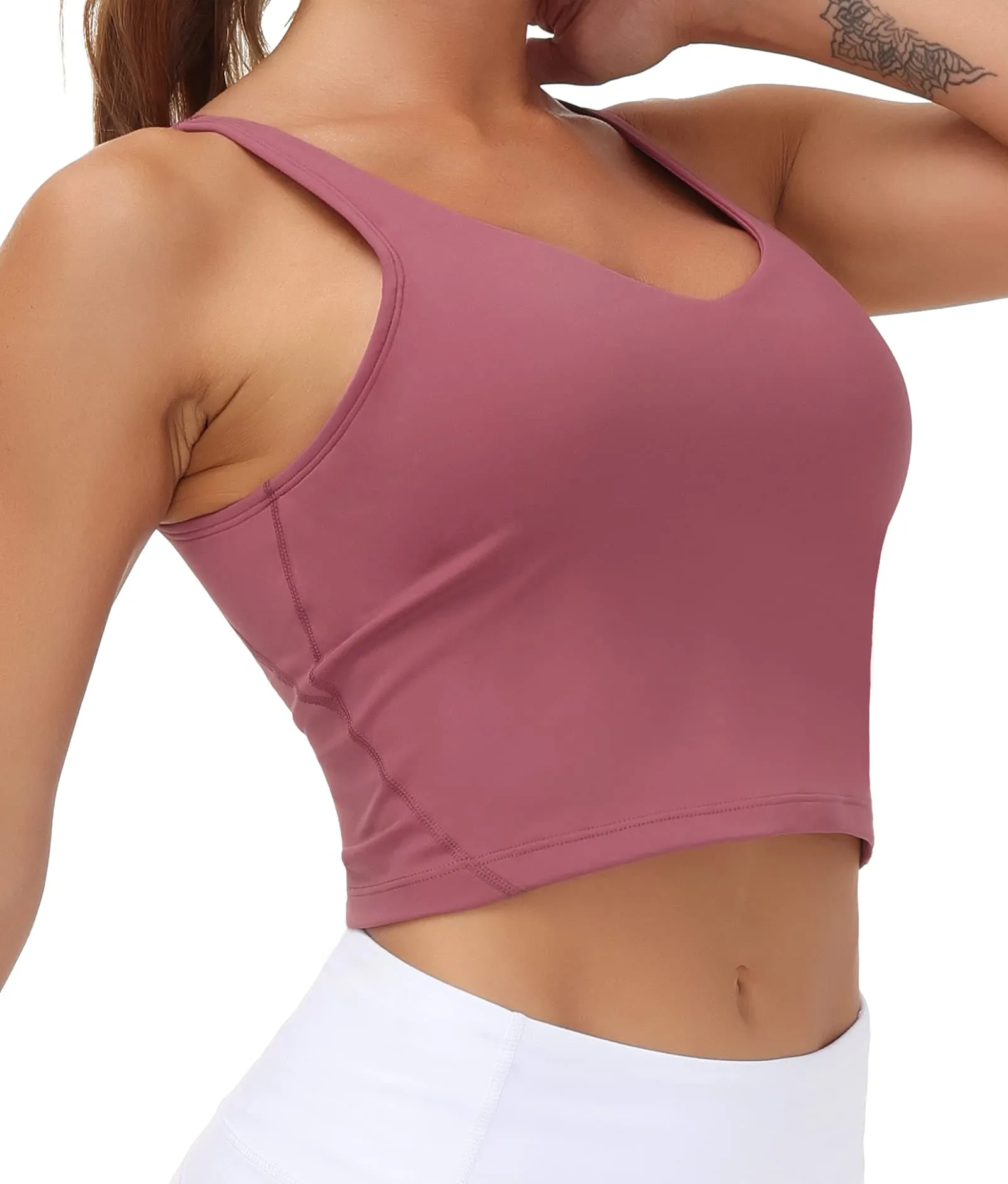 Women’s Longline Sports Bra Wirefree Padded Medium Support Yoga Bras Gym Running Workout Tank Tops (Rose red)