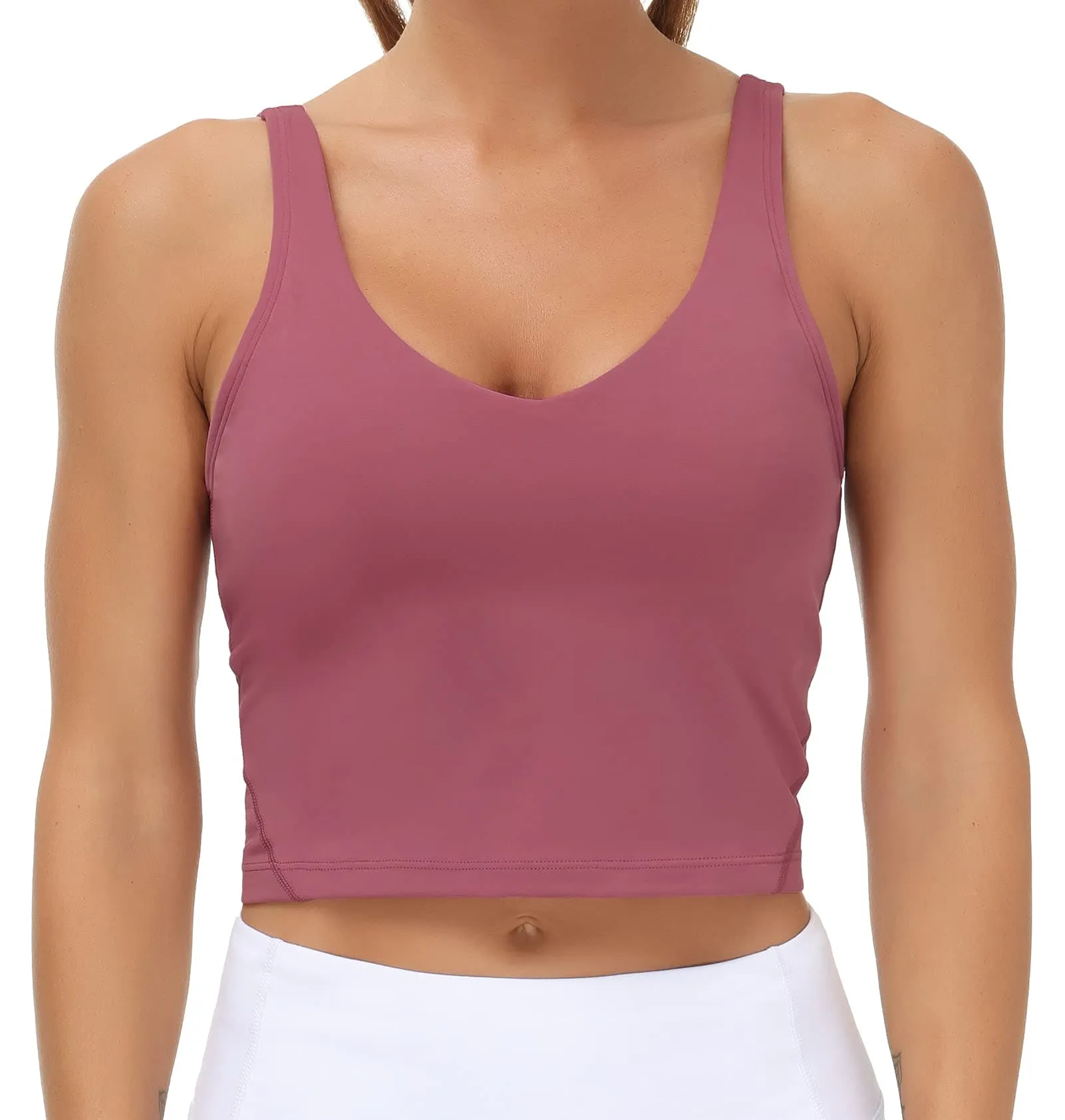 Women’s Longline Sports Bra Wirefree Padded Medium Support Yoga Bras Gym Running Workout Tank Tops (Rose red)