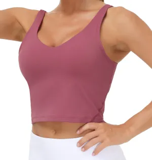 Women’s Longline Sports Bra Wirefree Padded Medium Support Yoga Bras Gym Running Workout Tank Tops (Rose red)