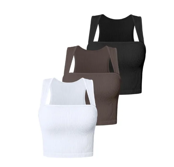 Women's short fitted camisole strapless square-neck elastic T-shirt crop top tank top Ribbed vest  C-240703-7