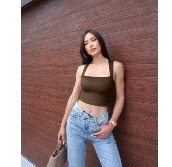 Women's short fitted camisole strapless square-neck elastic T-shirt crop top tank top Ribbed vest  C-240703-7