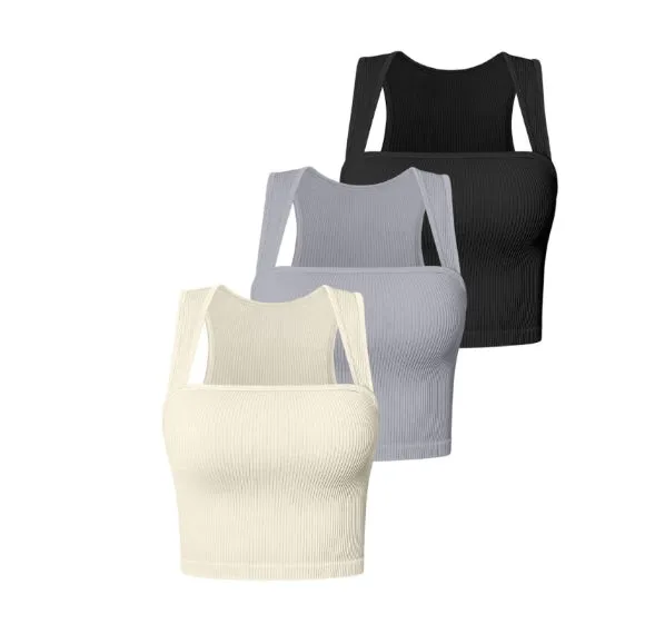 Women's short fitted camisole strapless square-neck elastic T-shirt crop top tank top Ribbed vest  C-240703-7