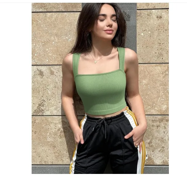 Women's short fitted camisole strapless square-neck elastic T-shirt crop top tank top Ribbed vest  C-240703-7