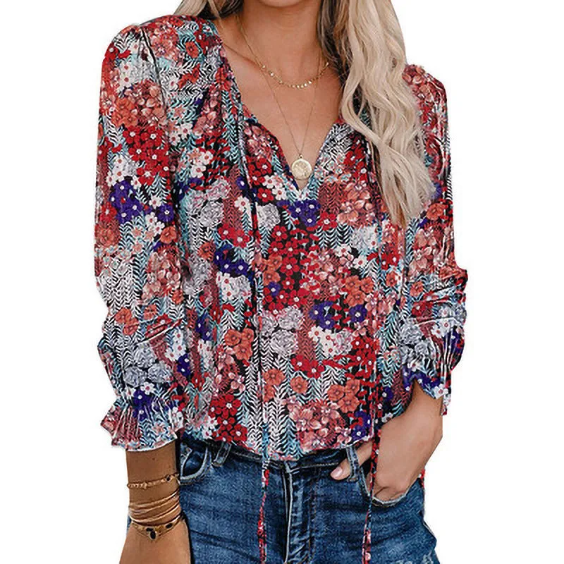 Womens V-Neck Floral Print Long Sleeve Bohemian Chiffon Shirt