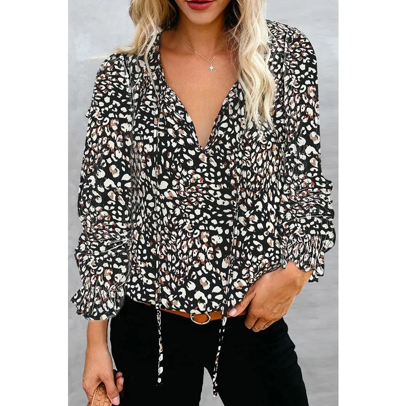 Womens V-Neck Floral Print Long Sleeve Bohemian Chiffon Shirt