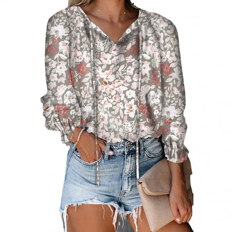 Womens V-Neck Floral Print Long Sleeve Bohemian Chiffon Shirt