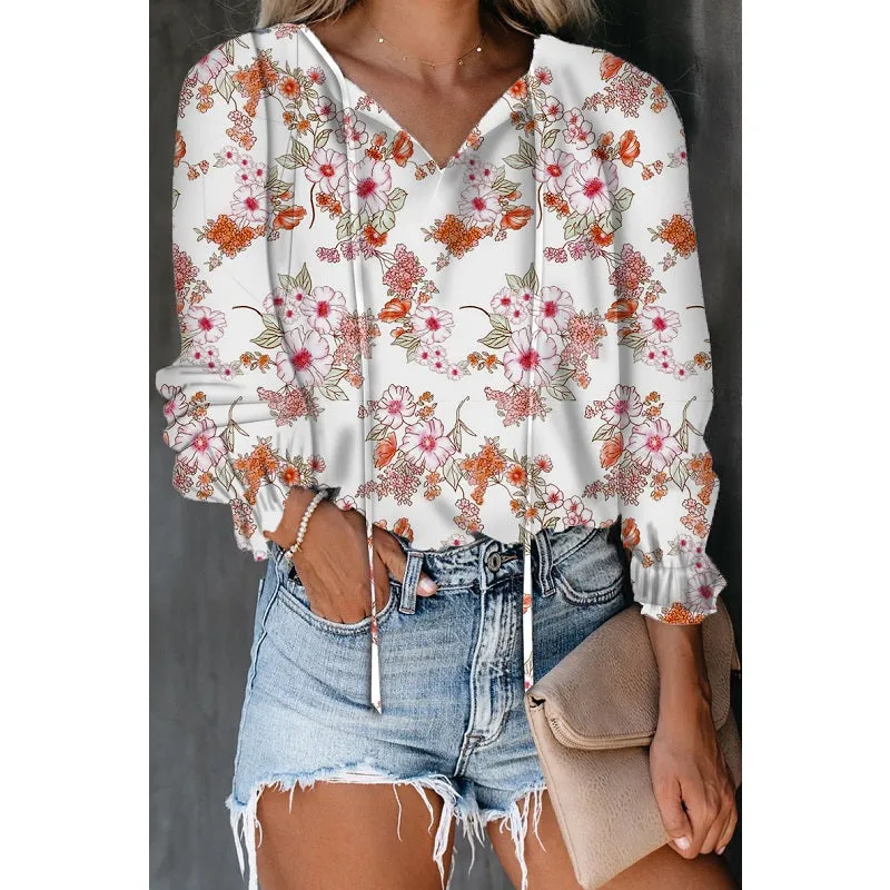 Womens V-Neck Floral Print Long Sleeve Bohemian Chiffon Shirt
