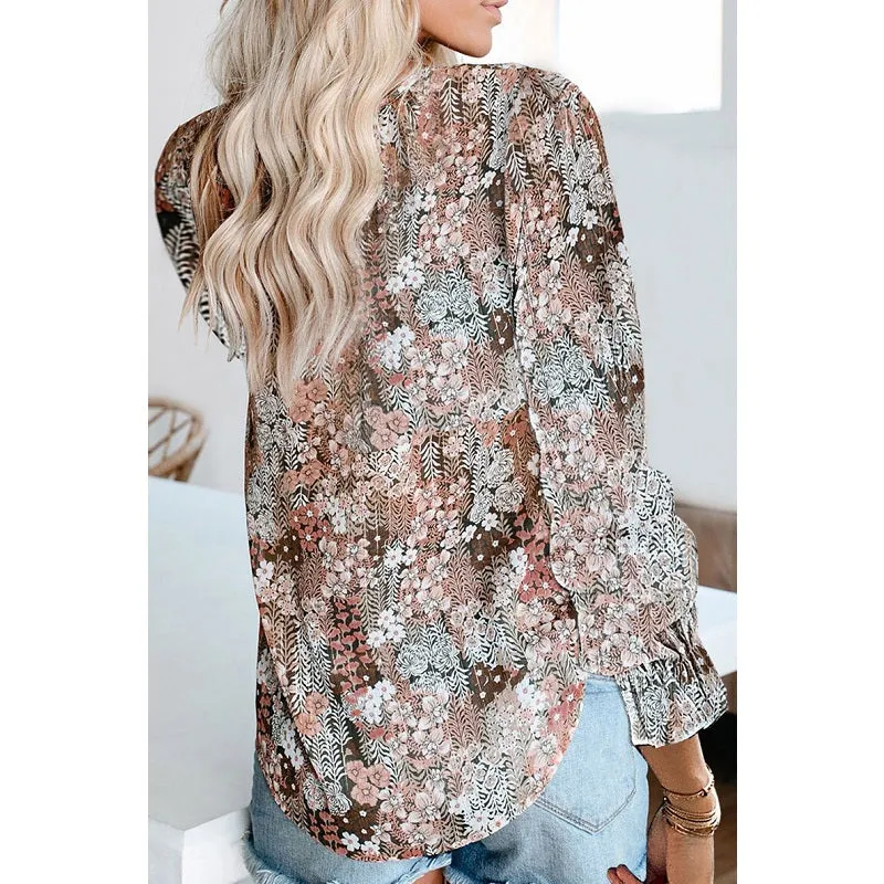 Womens V-Neck Floral Print Long Sleeve Bohemian Chiffon Shirt