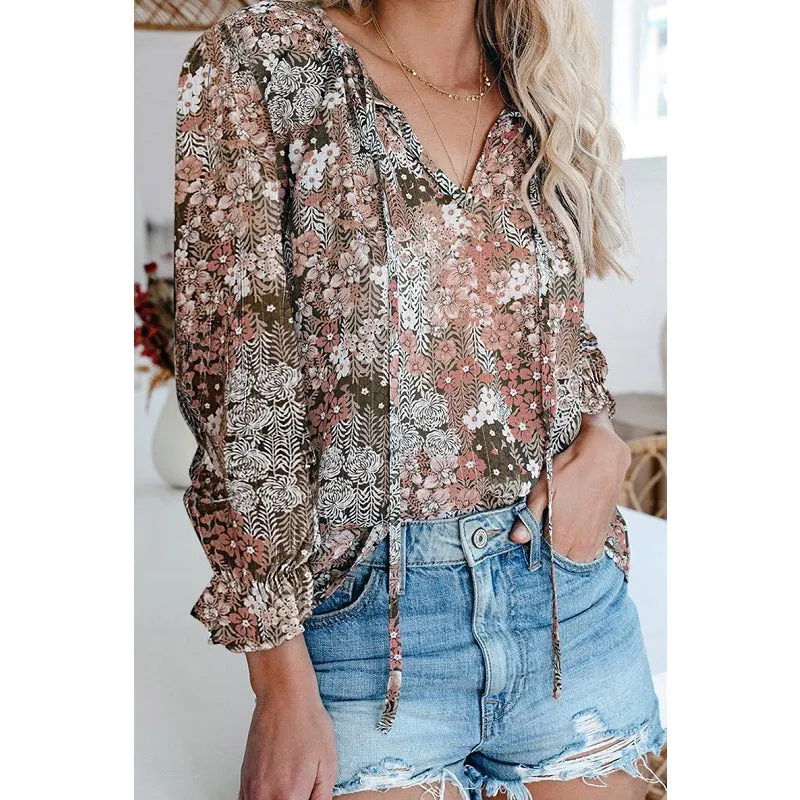Womens V-Neck Floral Print Long Sleeve Bohemian Chiffon Shirt