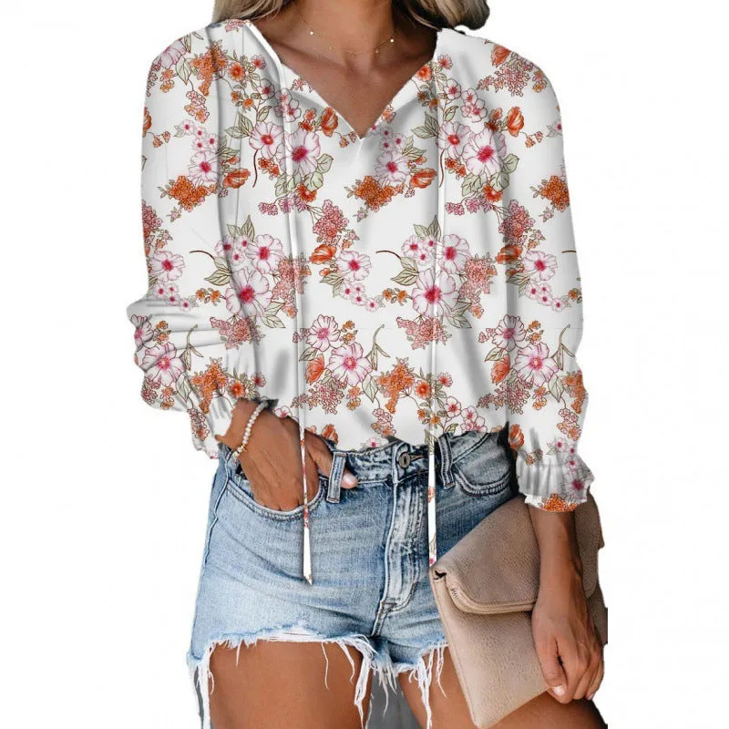 Womens V-Neck Floral Print Long Sleeve Bohemian Chiffon Shirt
