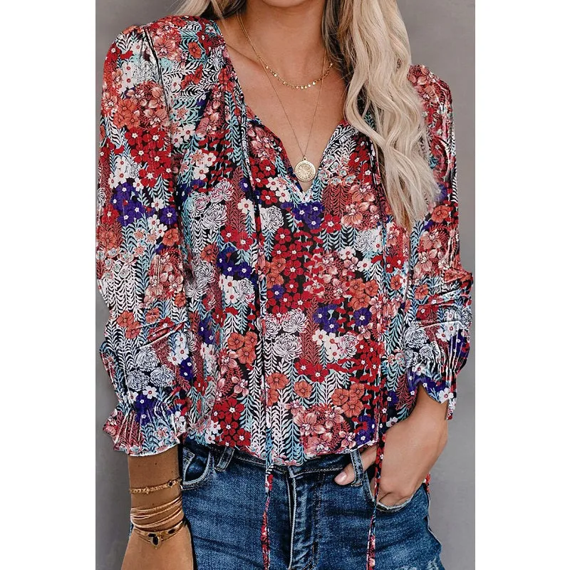 Womens V-Neck Floral Print Long Sleeve Bohemian Chiffon Shirt