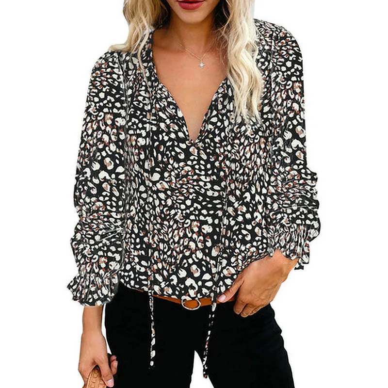 Womens V-Neck Floral Print Long Sleeve Bohemian Chiffon Shirt