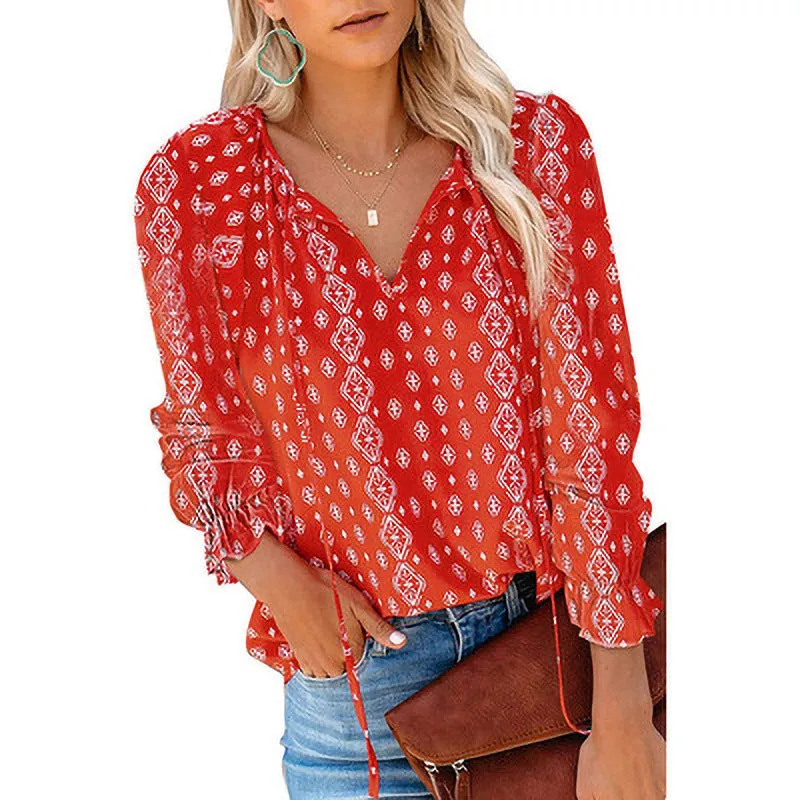 Womens V-Neck Floral Print Long Sleeve Bohemian Chiffon Shirt