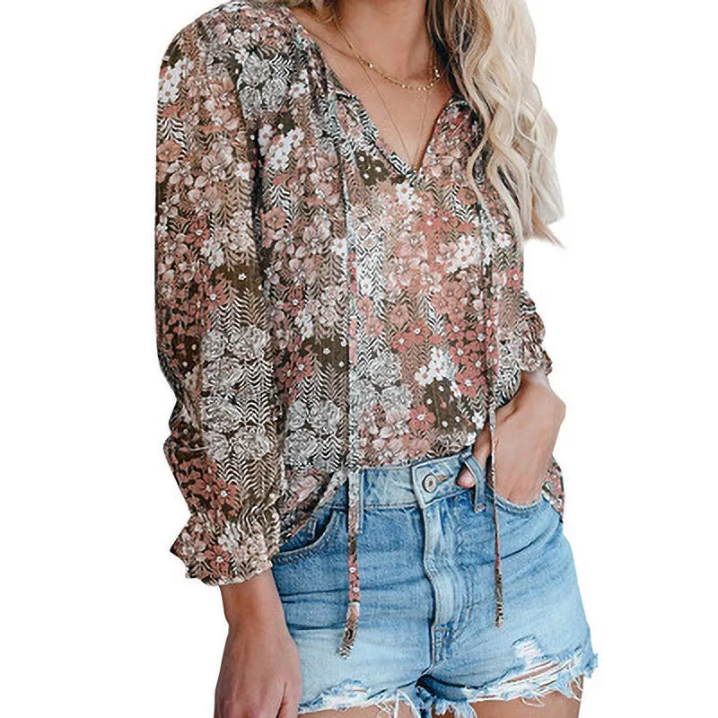Womens V-Neck Floral Print Long Sleeve Bohemian Chiffon Shirt