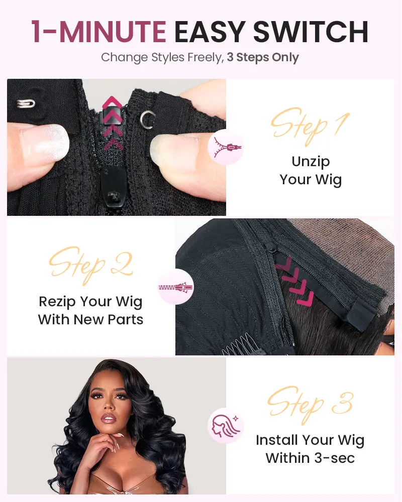 ZIP&Mix-All Wigs | Body Wave Natural Black Glueless 6x5 Pre-Cut Lace Wig With Optional Replaceable Tops