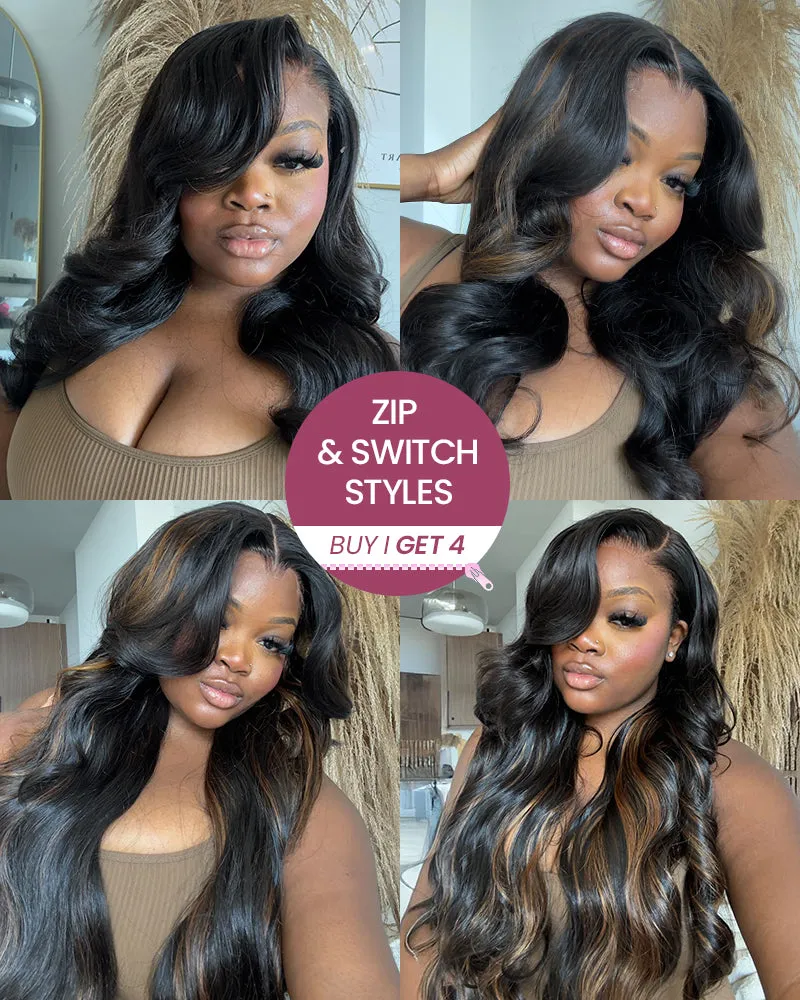 ZIP&Mix-All Wigs | Body Wave Natural Black Glueless 6x5 Pre-Cut Lace Wig With Optional Replaceable Tops