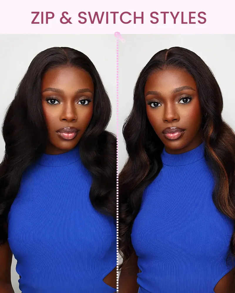 ZIP&Mix-All Wigs | Body Wave Natural Black Glueless 6x5 Pre-Cut Lace Wig With Optional Replaceable Tops