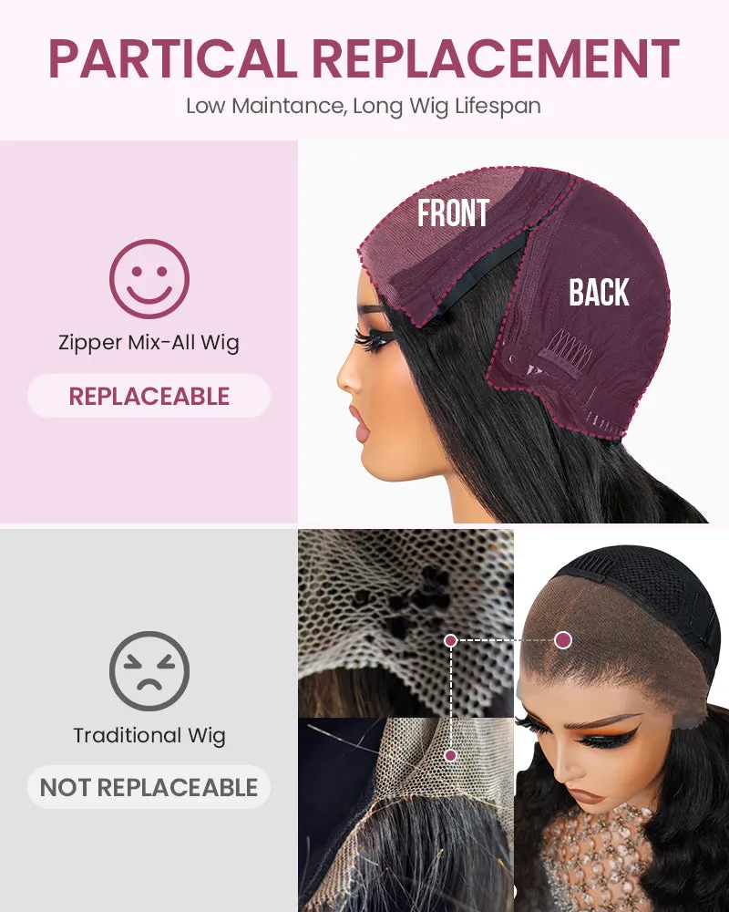 ZIP&Mix-All Wigs | Body Wave Natural Black Glueless 6x5 Pre-Cut Lace Wig With Optional Replaceable Tops