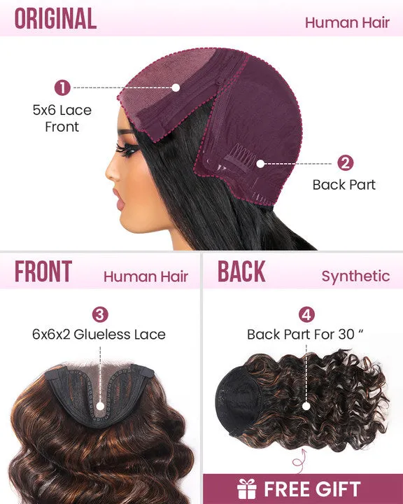 ZIP&Mix-All Wigs | Body Wave Natural Black Glueless 6x5 Pre-Cut Lace Wig With Optional Replaceable Tops